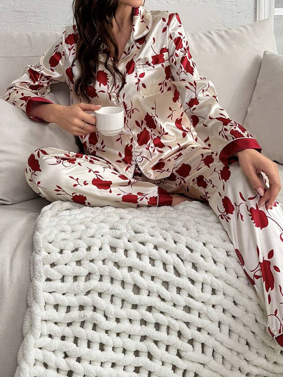 Conjunto de pijama elegante con estampado floral en toda la prenda para damas - Albaricoque - Ver 1