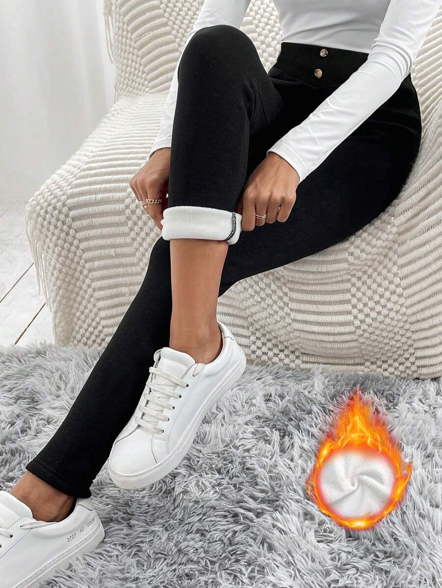 SHEIN LUNE Pantalones Ajustados Con Detalle De Botones - Negro - Ver 1