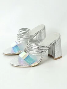 女士銀色鏡面尖頭高跟拖鞋, 配有裝飾帶和仿皮革壓花圖案,街頭時尚引人注目閃亮涼鞋 - 銀色 - 查看 3