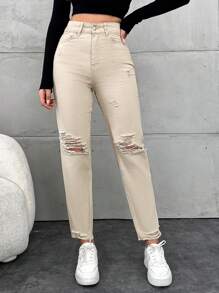 破洞毛邊九分牛仔褲 - 米色 - 查看 3
