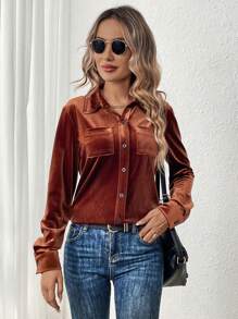 SHEIN LUNE Của phụ nữ Túi đôi Mặt trước Nút Nhung Áo sơ mi - màu nâu - Xem 3
