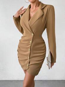 Chiquease Women's Notched Lapel Single Breasted Pleated Blazer - Coffee Brown - View 5