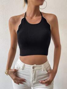 Chiquease Của phụ nữ Tương phản lột vỏ Cắt tỉa Halter Neck Dệt kim Áo - màu đen - Xem 3