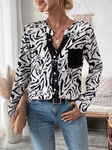 SHEIN Privé Zebra Print Notch Collar Shirt With Glittering - White - View 3
