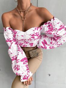 SHEIN Frenchy 全印花圓筒袖長袖襯衫 - 玫紅色 - 查看 5