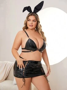 Traje De Conejito De Talla Grande De 3 Piezas Para Mujeres Para El Juego De Roles Eróticos - Negro - Ver 3