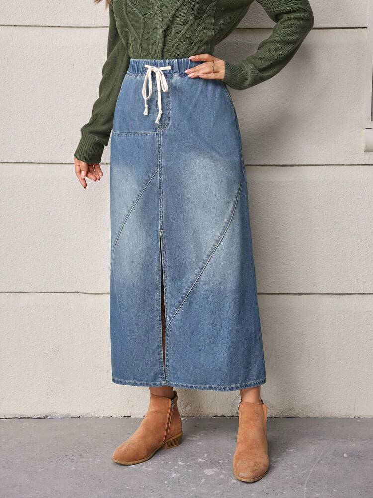 Women's Denim Skirt With Drawstring Waist And Side Slits