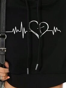 SHEIN LUNE 心型圖案束口帽衫 - 黑色 - 查看 3