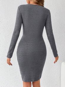 SHEIN Tall Vestido Largo De Manga Larga Con Costillas Fruncidas - Negro - Ver 2