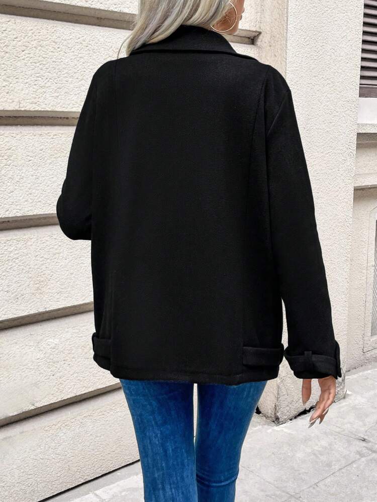 Women's Double-Breasted Woolen Coat With Lapel Collar Winter Black Casual