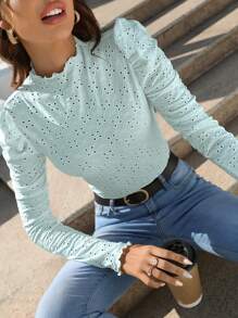 SHEIN Frenchy Của phụ nữ Thêu Hoa Đứng cổ áo Áo thun - Màu xanh nhạt - Xem 5