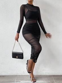 SHEIN Slayr Bộ đồ ba mảnh lưới tương phản ôm vừa vặn dành cho nữ - màu đen - Xem 4