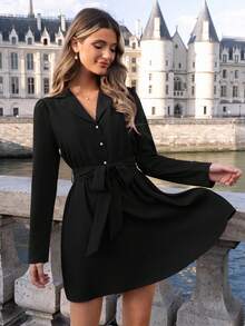 SHEIN Frenchy Của phụ nữ Màu thuần Váy có thắt lưng - màu đen - Xem 3