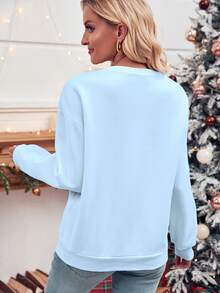 SHEIN LUNE Giáng sinh Slogan In Vòng cổ Áo nỉ - Màu xanh nhạt - Xem 2