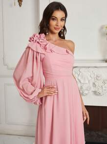 SHEIN Belle Adults' Ruched, Ruffled, Floral One Shoulder Bridesmaid Dress With Flounce Detail - Pink - View 7