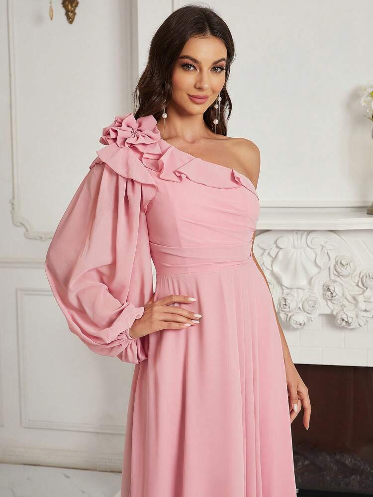 Adults' Ruched, Ruffled, Floral One Shoulder Bridesmaid Dress With Flounce Detail