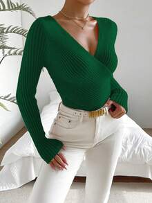 SHEIN Essnce Màu thuần Dây Quấn Áo len - màu xanh lá - Xem 4