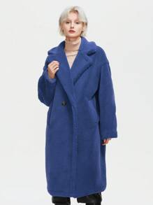 ZIAI Women's Solid Color Long Sleeve Oversized Lapel Faux Shearling Teddy Coat, Winter - Blue - View 2
