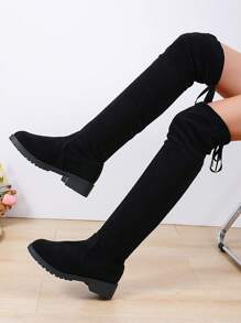 女式扁跟高筒絨面靴,一步踏入,秋冬時尚搭配 - 黑色 - 查看 4