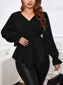 SHEIN Privé 大码女式荷叶边袖不对称下摆衬衫 - 黑色 - 查看 5