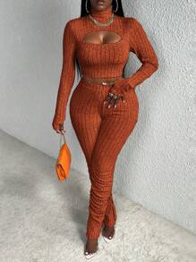 Slaydiva Slayr Casual Home Style Tailoring Cổ cao Khoét sâu Phía trước Ngắn Tay Dài Áo thun Quần dài xẻ gấu màu cam Bộ đồ hai mảnh bó dành cho nữ - Gỗ đỏ - Xem 5