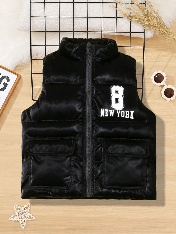 Boys' Casual Stand Collar Sleeveless Jacket With Padding, Letter Print