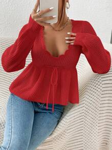 SHEIN MOD Suéter de cuello en V con cordón en la cintura, manga larga, para otoño/invierno - Rojo - Ver 4