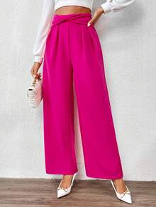 SHEIN Privé Twisted Knotted High Waist Wide Leg Pants - Hot Pink - View 3