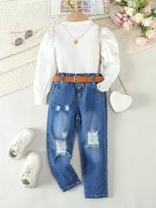 SHEIN Nhỏ bé Cô gái Mùa Thu Mùa Đông Ren Vòng cổ Tay áo dài Áo chui đầu Với thắt lưng & Hư hỏng Quần jean Bộ - trắng - Xem 1