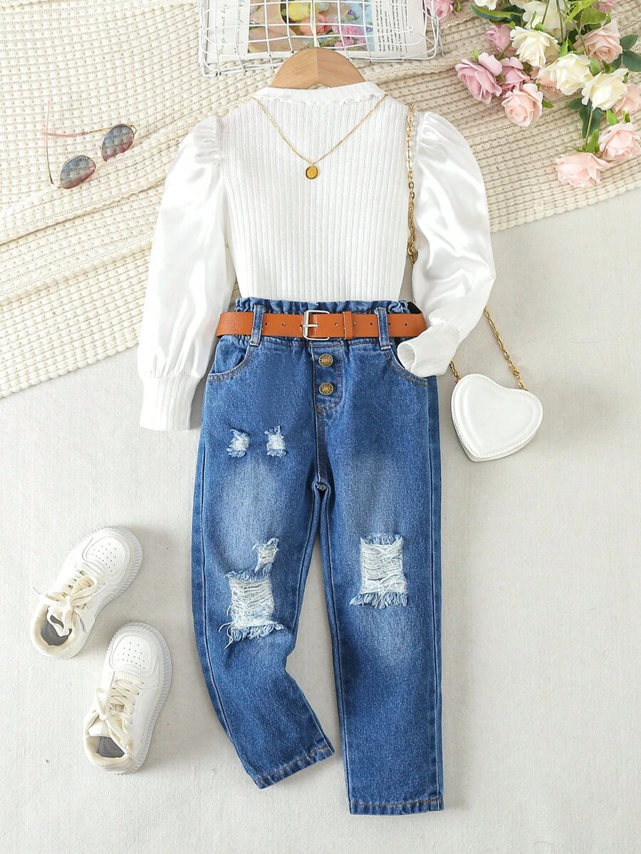 SHEIN Nhỏ bé Cô gái Mùa Thu Mùa Đông Ren Vòng cổ Tay áo dài Áo chui đầu Với thắt lưng & Hư hỏng Quần jean Bộ - trắng - Xem 1