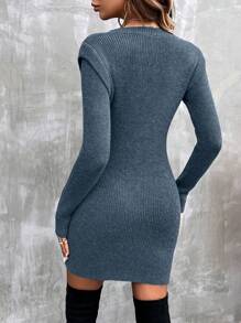 SHEIN Clasi Ladies' Solid Color Knit Sweater Dress - Dusty Blue - View 2