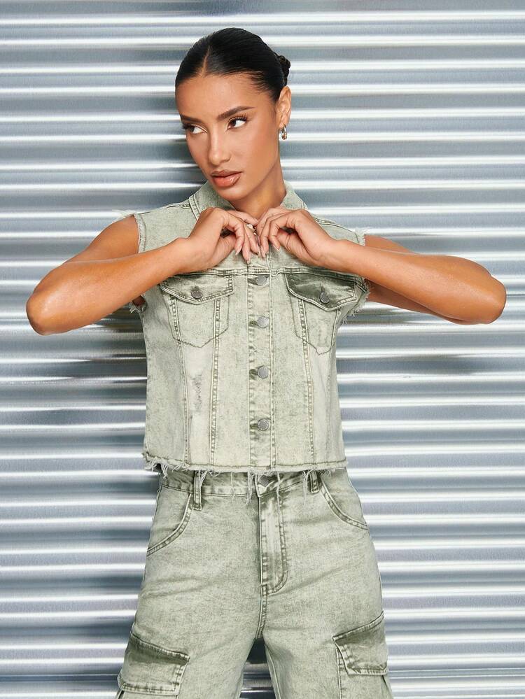 Loose Sleeveless Cropped Denim Vest Top