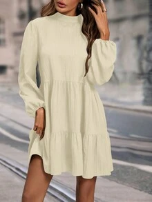 SHEIN LUNE Stand Collar Solid Color Lantern Sleeve Ruffled Hem Doll Dress With Long Sleeves - Apricot - View 6