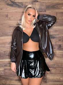 SHEIN SXY Kích thước lớn Của phụ nữ chất liệu da PU Dây kéo mặt trước Áo khoác - Đồng - Xem 1