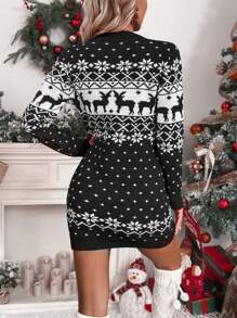 SHEIN Privé 聖誕圖案圓領毛衣裙 - 黑色 - 查看 2