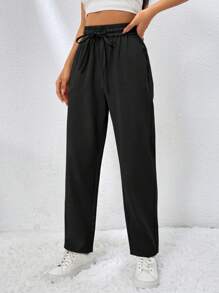 SHEIN EZwear 女性束口腰口袋長褲 - 黑色 - 查看 5