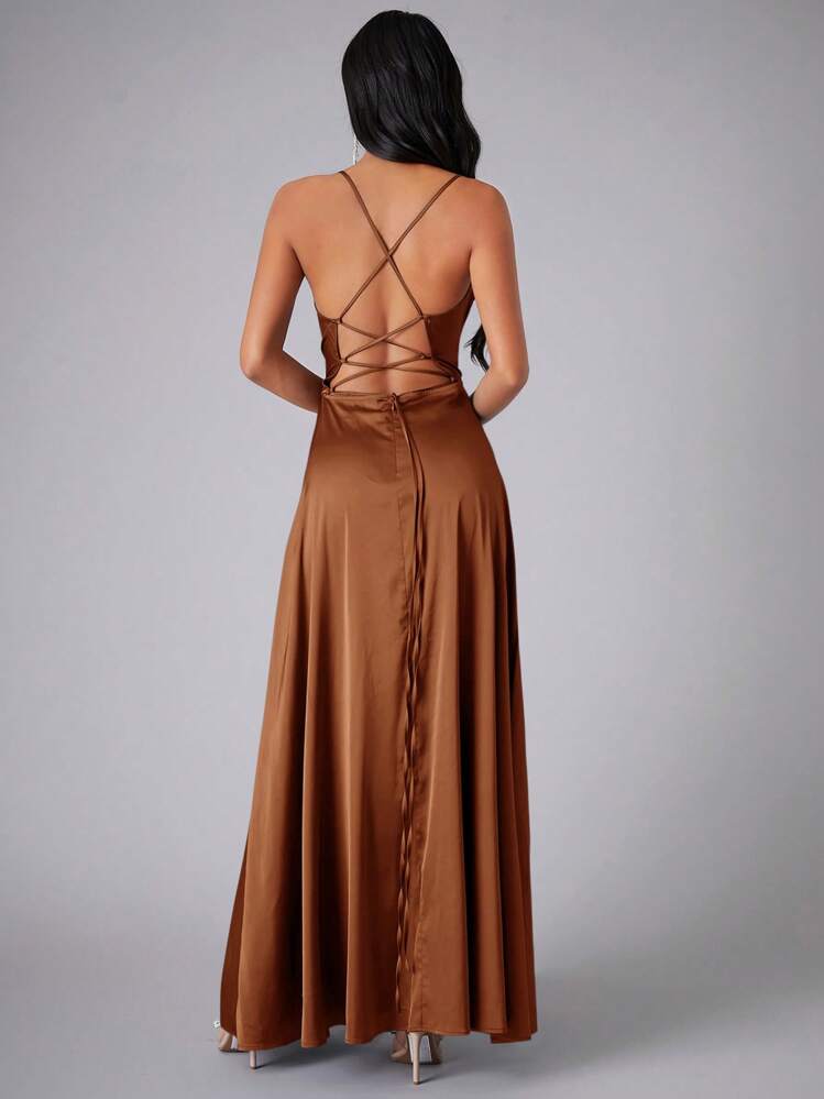 SHEIN Belle Vestido de dama de honor de satén con cuello drapeado, envolvente, abertura alta, elegante y formal para eventos como graduación, cena, fiesta - Marrón - Añade 3