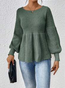 SHEIN Frenchy Solid Color Lantern Sleeve Sweater - Green - View 3