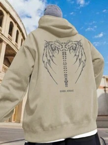 Manfinity EMRG 寬鬆版型男裝字母和翅膀印花拉鍊束口連帽衛衣 - 杏色 - 查看 1