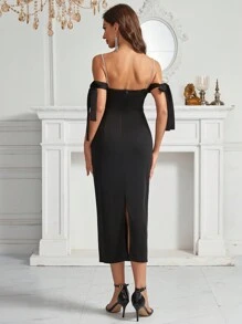 SHEIN Belle Cold Shoulder Knot Side Split Back Cocktail Dress - Black - View 2
