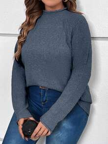 SHEIN LUNE 大尺碼女款立領插肩袖套頭毛衣 - 寶藍色 - 查看 5