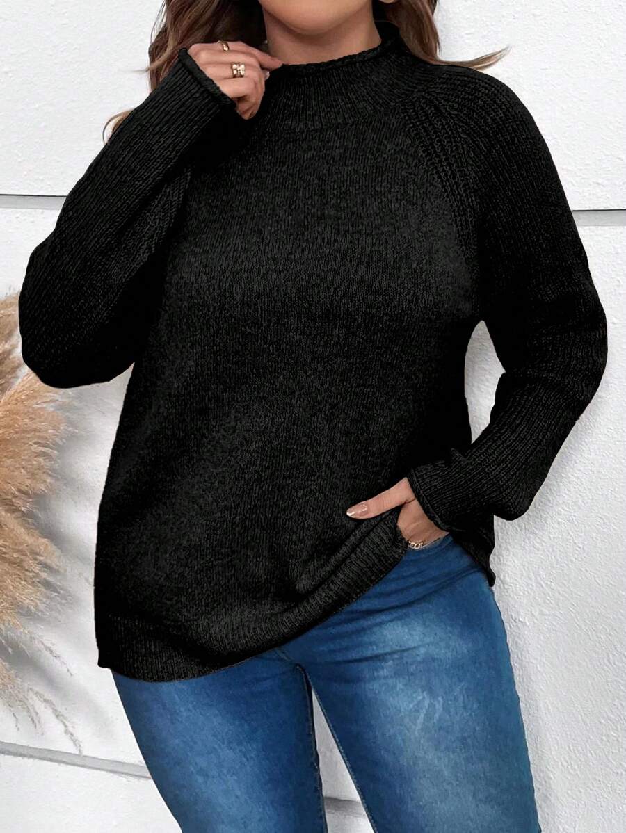 SHEIN LUNE Kích thước lớn Của phụ nữ Đứng cổ áo Tay Raglan Áo chui đầu Áo len - màu đen - Xem 1