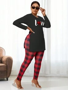 Maweii 大碼英文字母印花開叉擺t恤和格紋打底褲套裝 - 黑色 - 查看 3