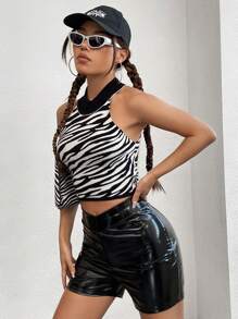 SHEIN EZwear Zebra Pattern Knit Top - Black and White - View 6
