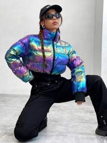 SHEIN Coolane Short Laser Padded Coat For Winter - Multicolor - View 7