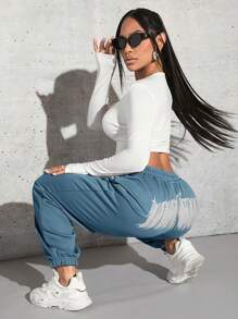 SHEIN SXY Women's Back Printed Tapered Sweatpants - Dusty Blue - View 4