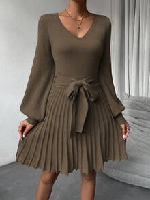 SHEIN Privé 女士v領燈籠袖腰帶毛衣連衣裙 - 咖啡棕 - 查看 3