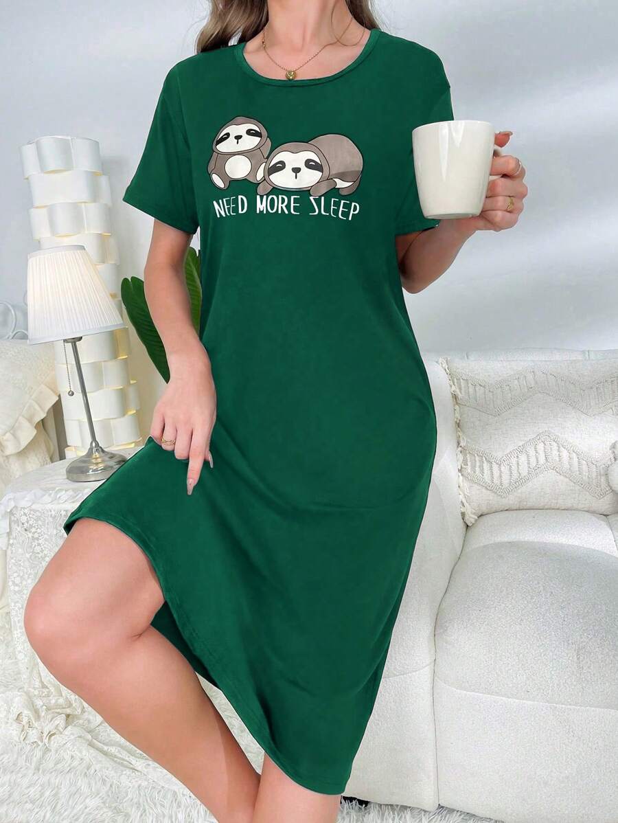 Cartoon Sloth Printed Sleep Dress Pajama Dress - Green - View 1