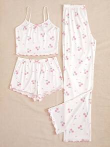 Cute Cherry Pattern Pajama Set - White - View 3