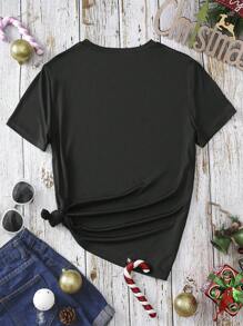 SHEIN LUNE Christmas Print Tee - Black - View 2
